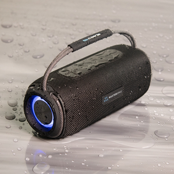 Portable bluetooth speaker with masterSpas logo.